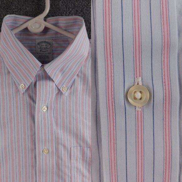 Brooks Brothers Button-Down Blue Pink Cotton 15.5 34 Non-Iron Striped Classic - Picture 1 of 16